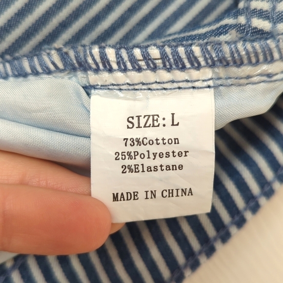 Boho Chic Pinstriped High Waisted Fit & Flare Raw Hem Denim Jeans Blue White L - Picture 8 of 14